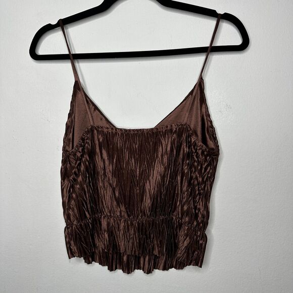 Zara Bronze Brown Travel Crinkle Satin Peplum Tank Spaghetti Strap V-Neck S - Picture 6 of 13